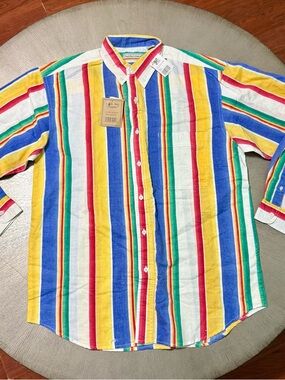 Rare Vintage 90s Piece NWT Colorful Striped Button Up Men’s L Retro Festival
